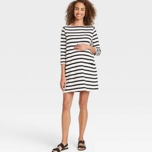 The Nines by Hatch Dress XS Black White Sriped Boatneck Mini 3/4 Sleeve Pockets